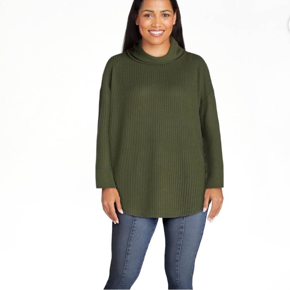 NEW Cowl Neck Turtleneck Waffle Knit Green Women's Sweater